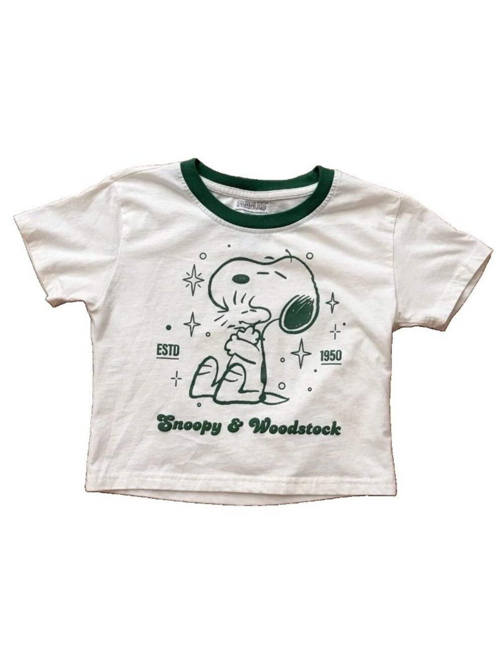 Peanuts Snoopy Woodstock Small Cropped Graphic T Shirt Ringer Cream Green